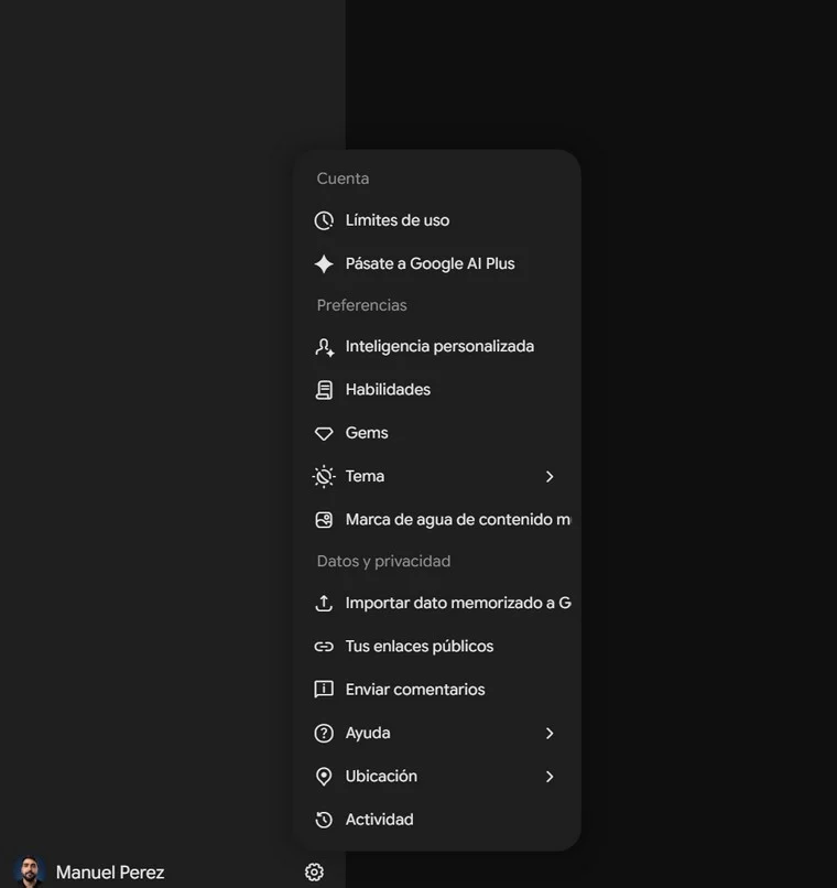 Menú de configuración de Gemini con las opciones Habilidades y Gems