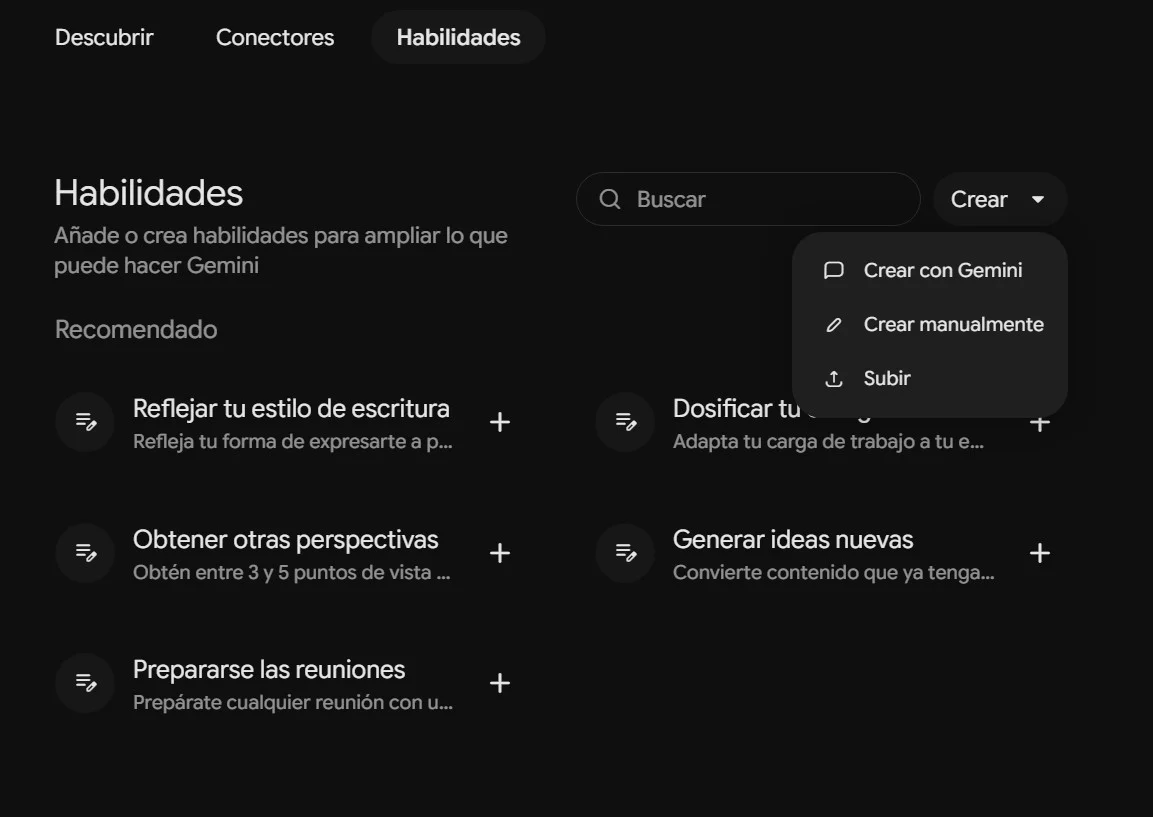 Catálogo de Habilidades con el menú Crear abierto y la opción Crear manualmente