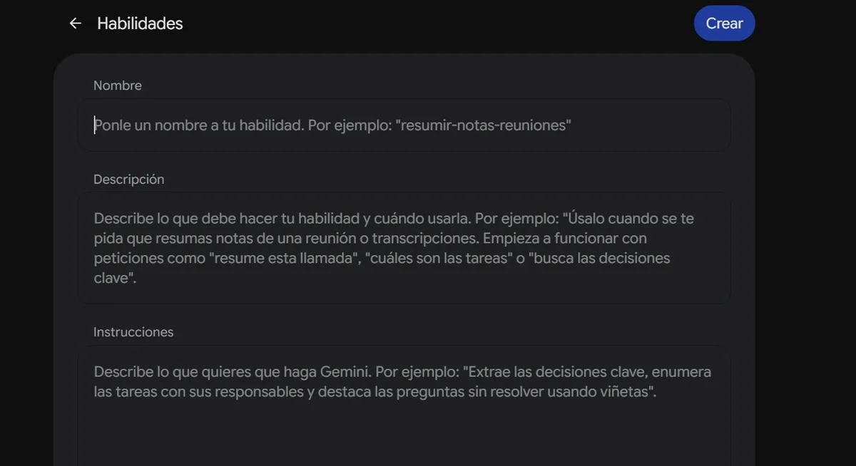 Formulario de una nueva Habilidad con los campos Nombre, Descripción e Instrucciones