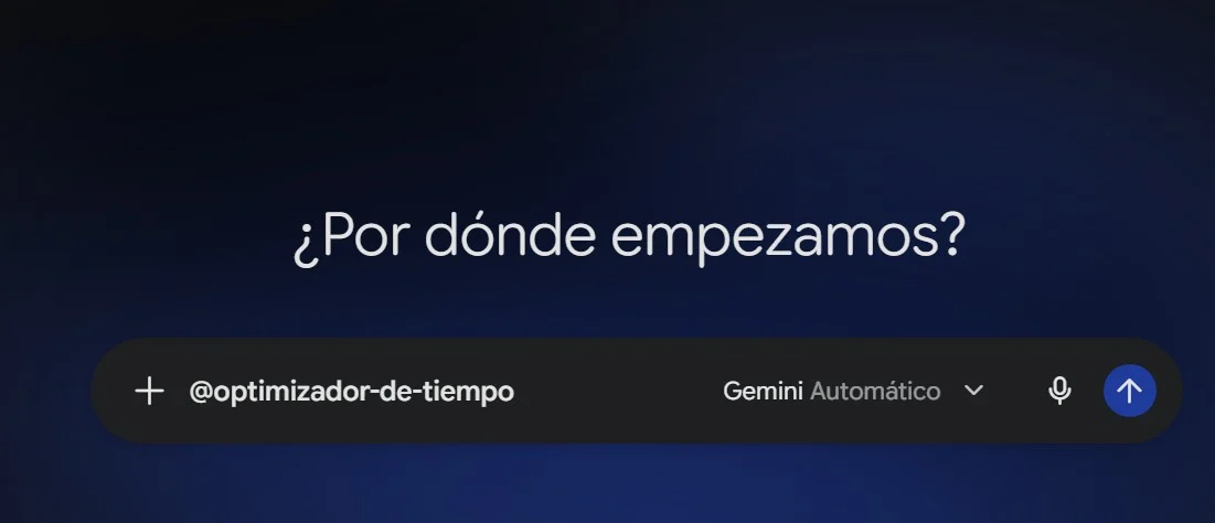 Barra de conversación de Gemini con @optimizador-de-tiempo insertado